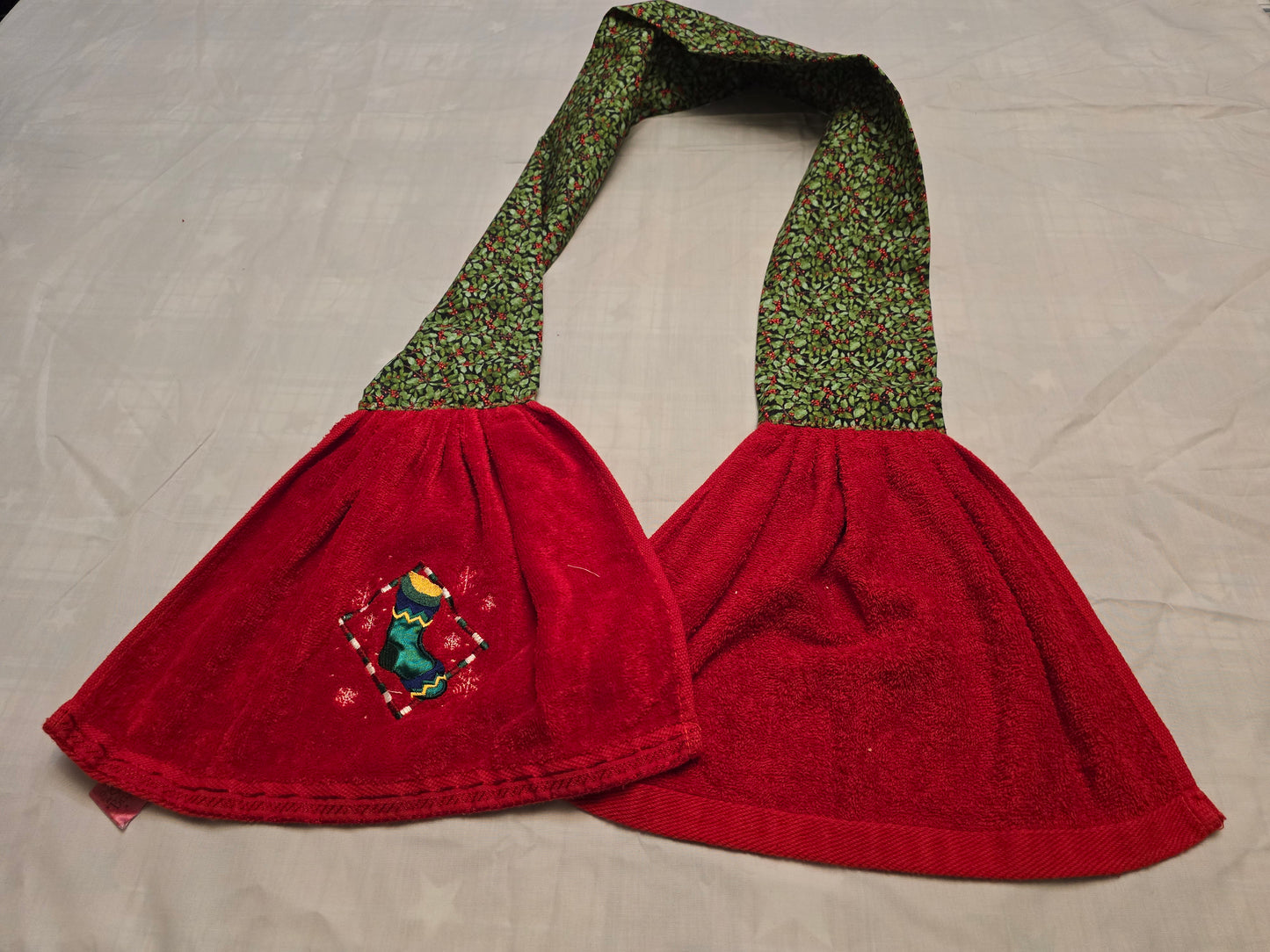 Kitchen Towel Scarf-Christmas stocking on red with holly and berry