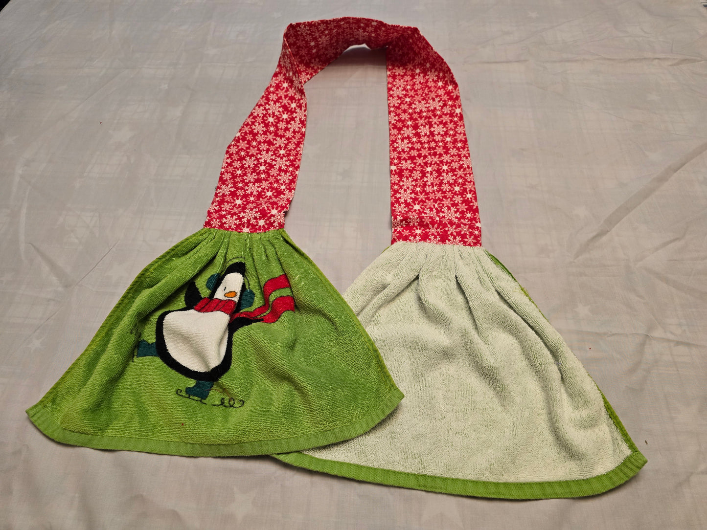 Kitchen Towel Scarf-Christmas penguin on green with snow flake