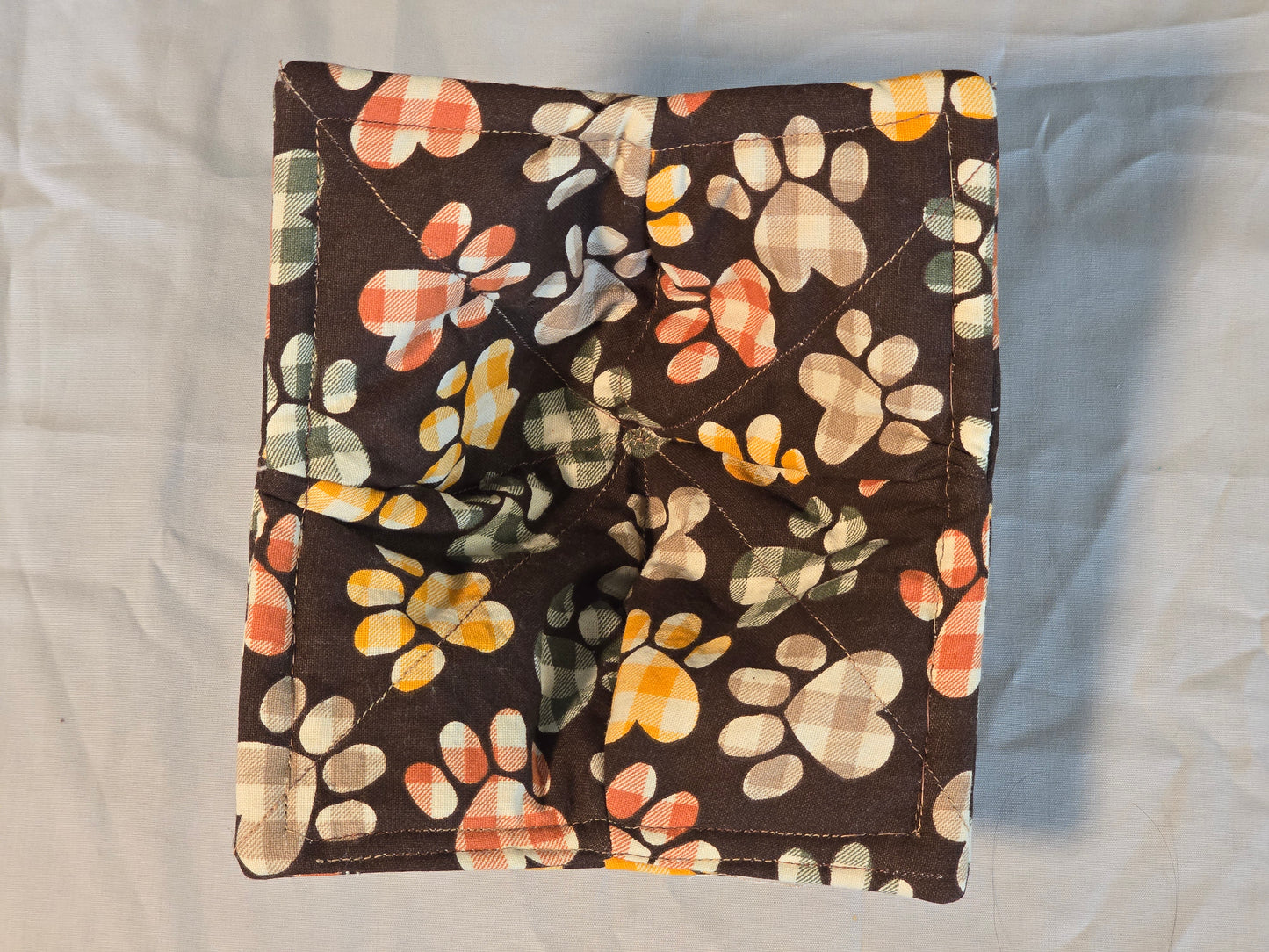 Microwave Cozy Bowl - Gingham Paw Prints on Brown