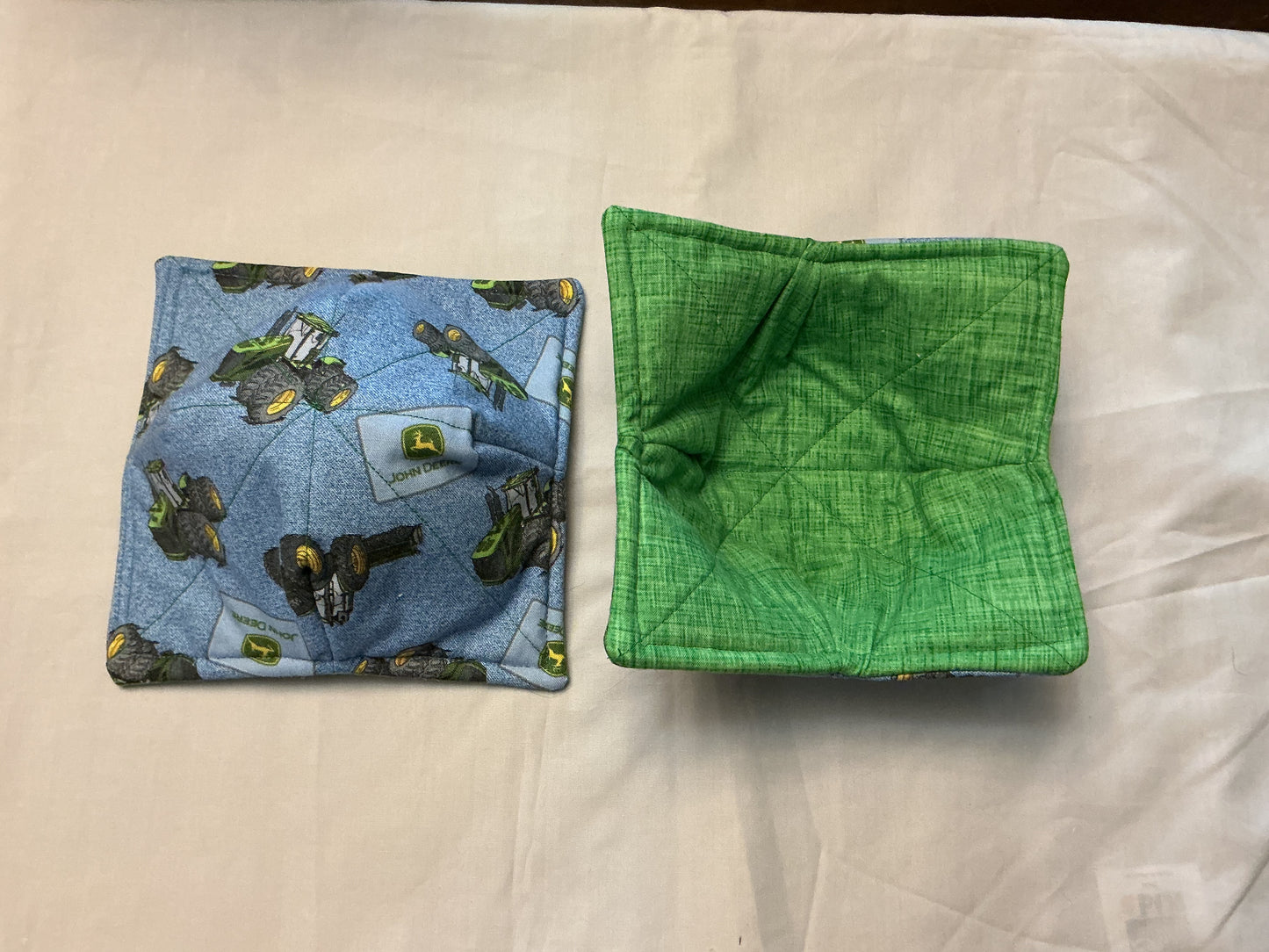 Cozy bowl-John Deere tractor on denim/green