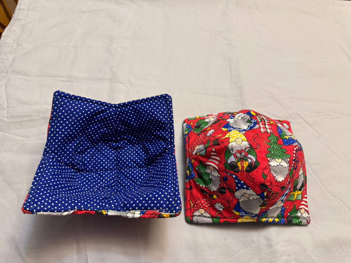 Cozy bowl- Christmas gnome with blue and white polka dot