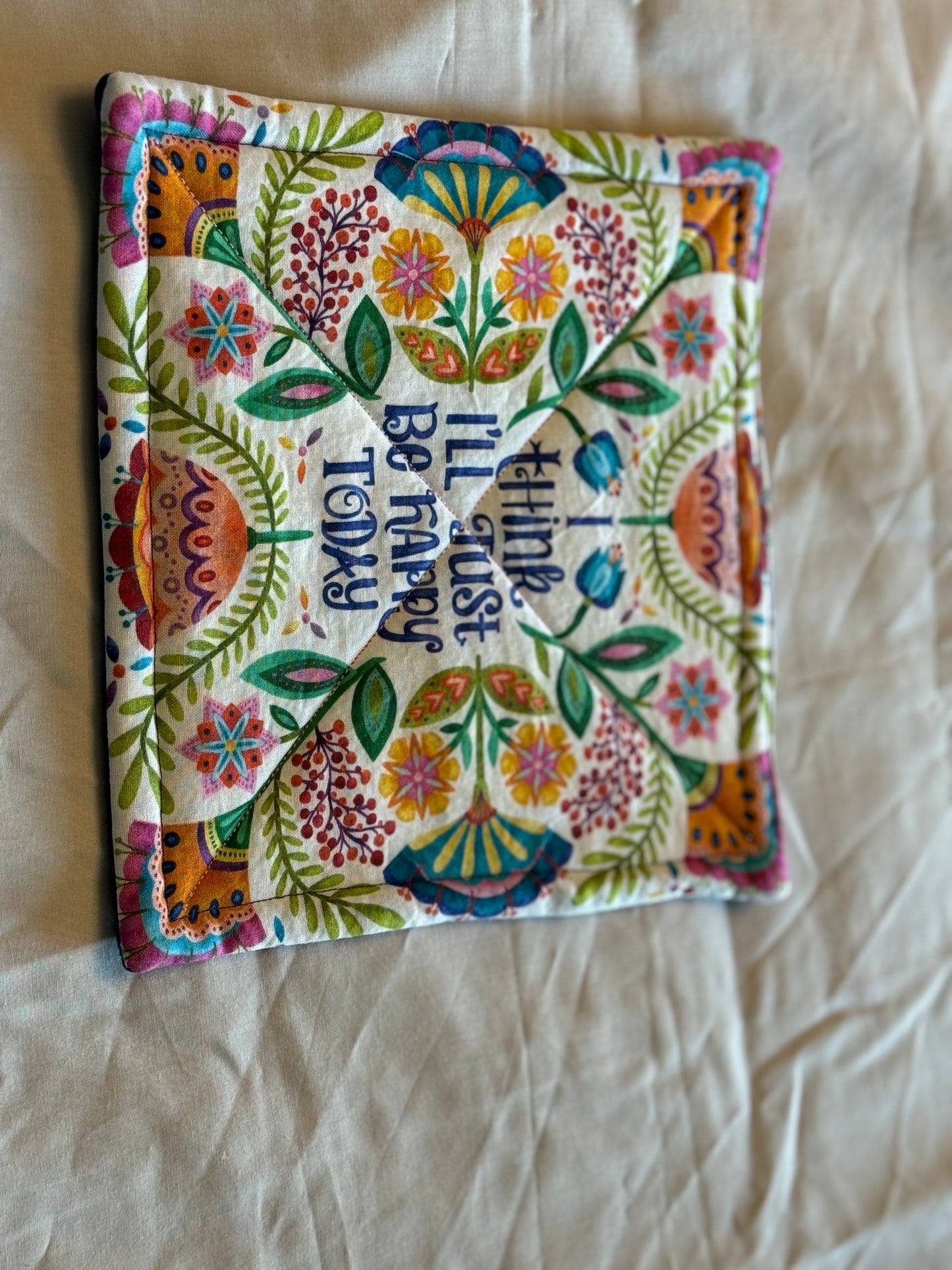Pot Holder-Floral butterfly purple, blue, orange, green-happy today