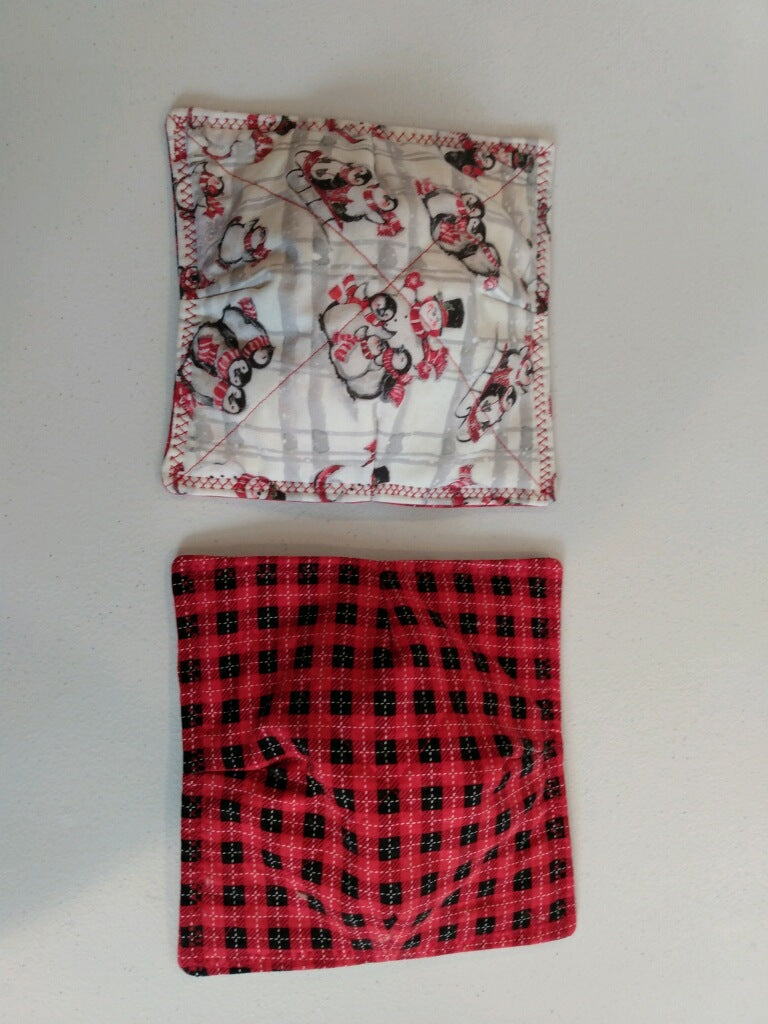 Plate Cozy-Frolicking penguins-red and black plaid