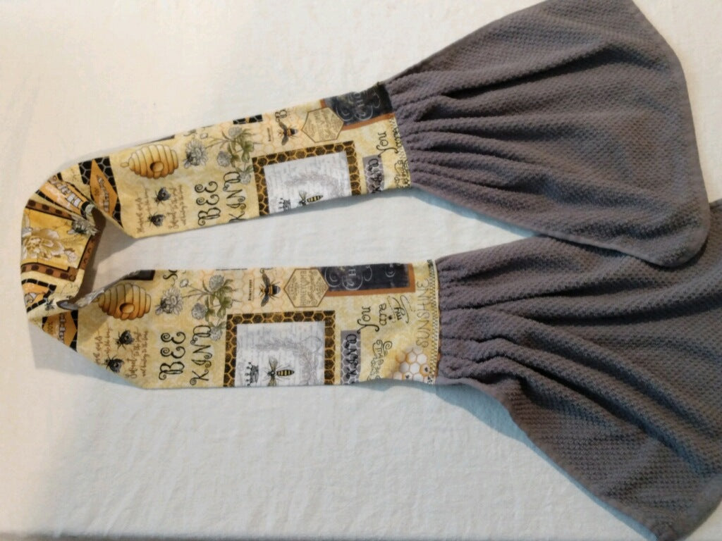 Kitchen Towel Scarf - Yellow multi bees and hives scarf with grey towel. Grey towels may vary according to availability.