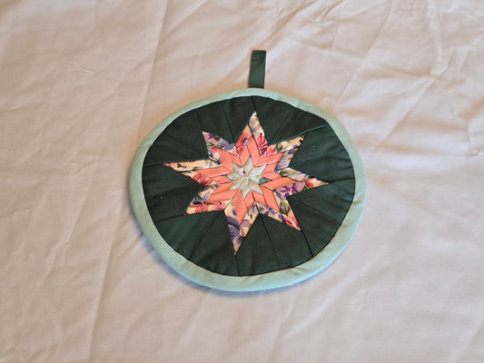 Round Pot Holder-green folded star with peach