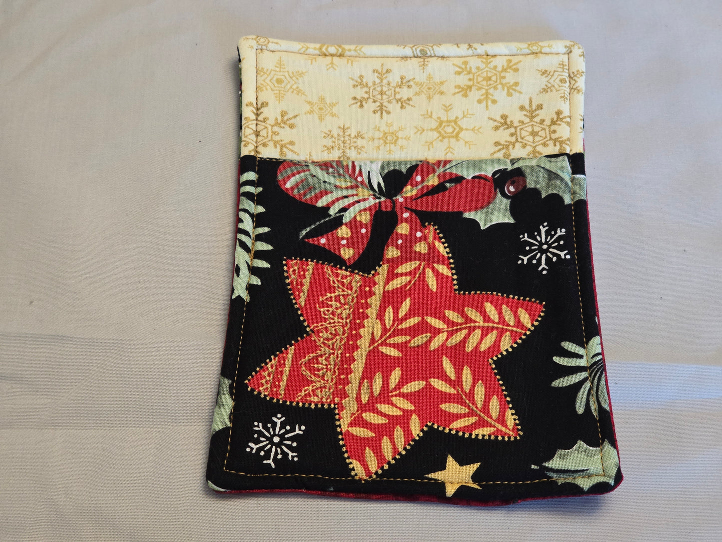 Mug Rug - Multi Fabric-star and cream gold snow flakes with holly and berry red