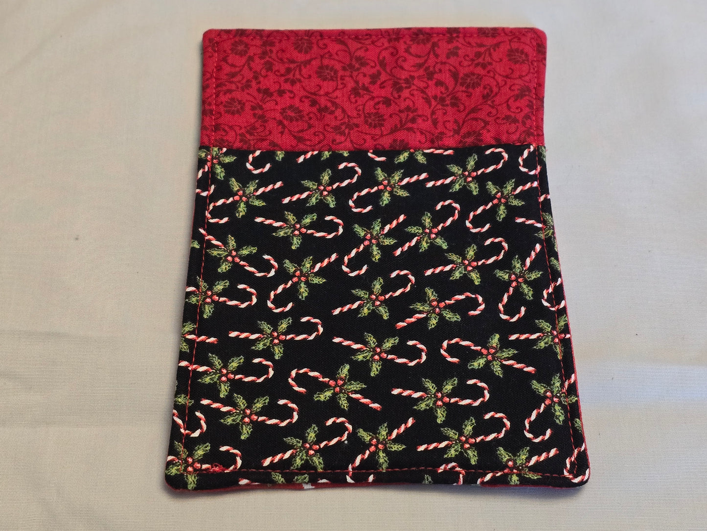 Mug Rug - Multi Fabric-candy cane with red stars and holly and berry