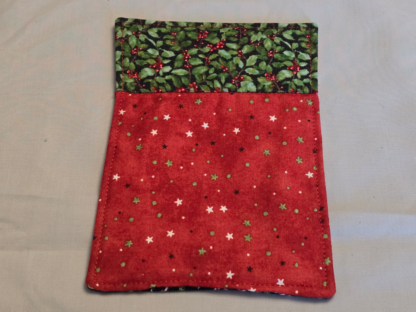 Mug Rug - Multi Fabric-candy cane with red stars and holly and berry