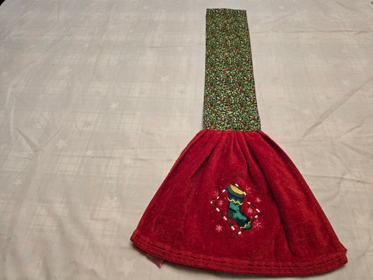 Kitchen Towel Scarf-Christmas stocking on red with holly and berry