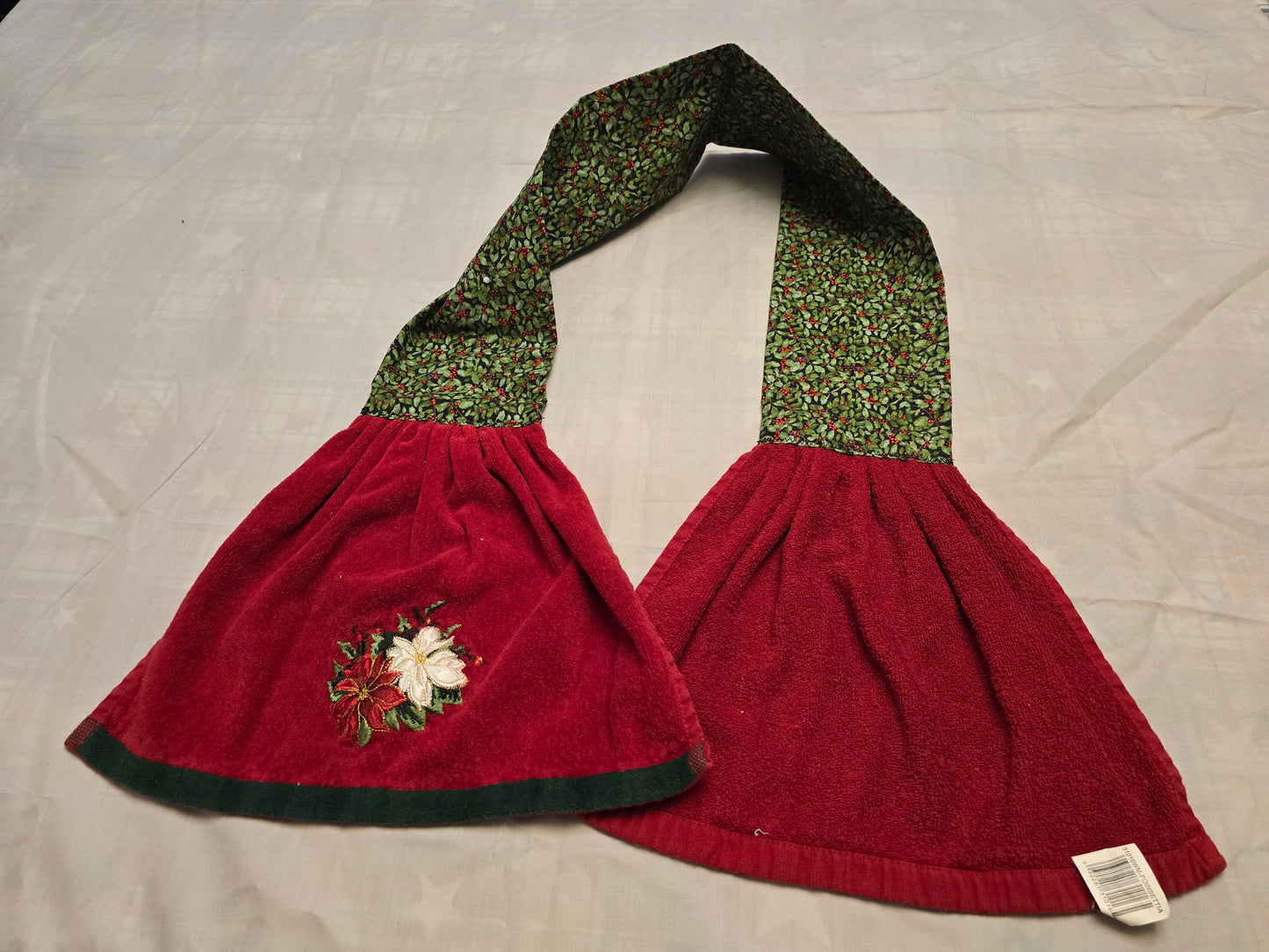 Kitchen Towel Scarf-Christmas pointsetia on red with holly and berry