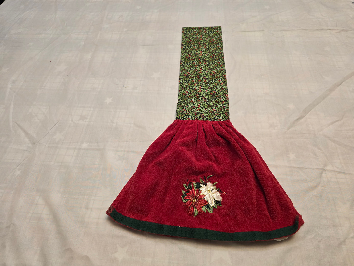 Kitchen Towel Scarf-Christmas pointsetia on red with holly and berry