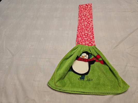 Kitchen Towel Scarf-Christmas penguin on green with snow flake