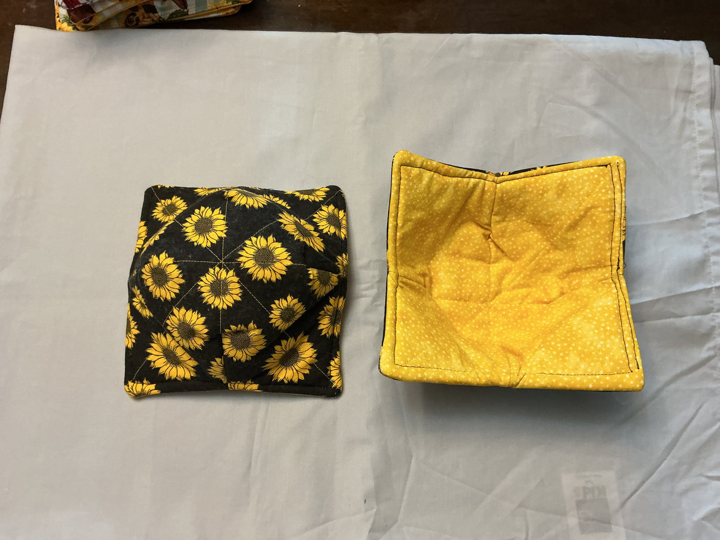 Cozy bowls-Yellow sunflowers/white polka dots on yellow