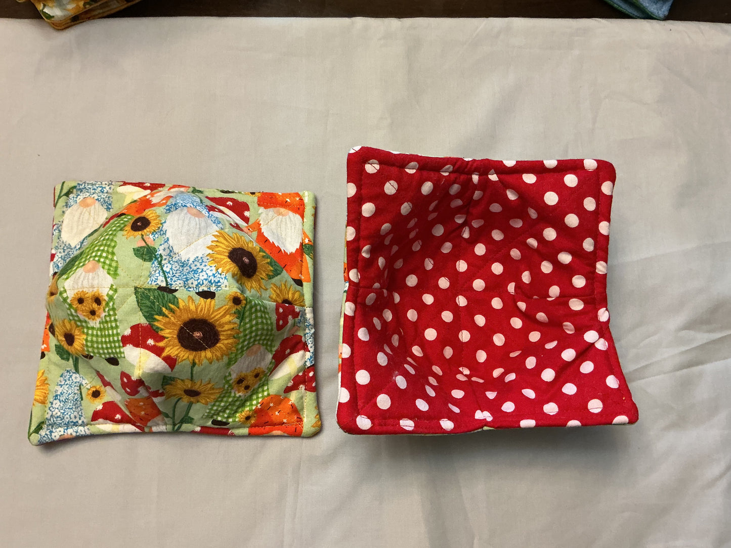Cozy bowl-Gnomes and sunflowers/white polka dots on red