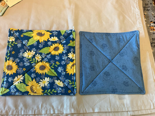 Pot holder-sunflowers and blue flowers/blue