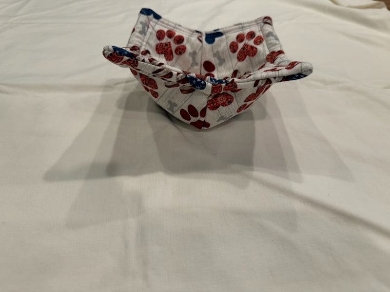 Microwaveable Cozy Bowl - Double-sided 4th of July Red, White, and Blue Paw Prints