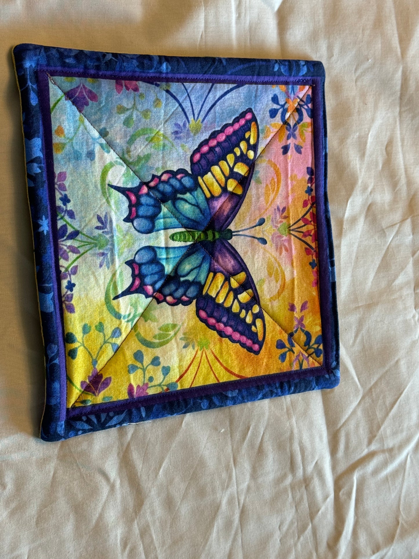 Pot Holder-Floral butterfly pink, purple, yellow, blue-beautiful