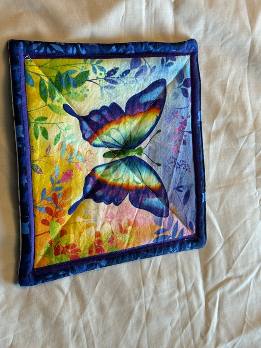 Pot Holder-Floral butterfly purple, blue, orange, green-happy today