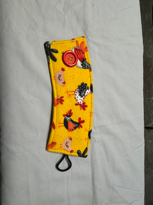 Coffee cup cozy-Black, white, and red chickens