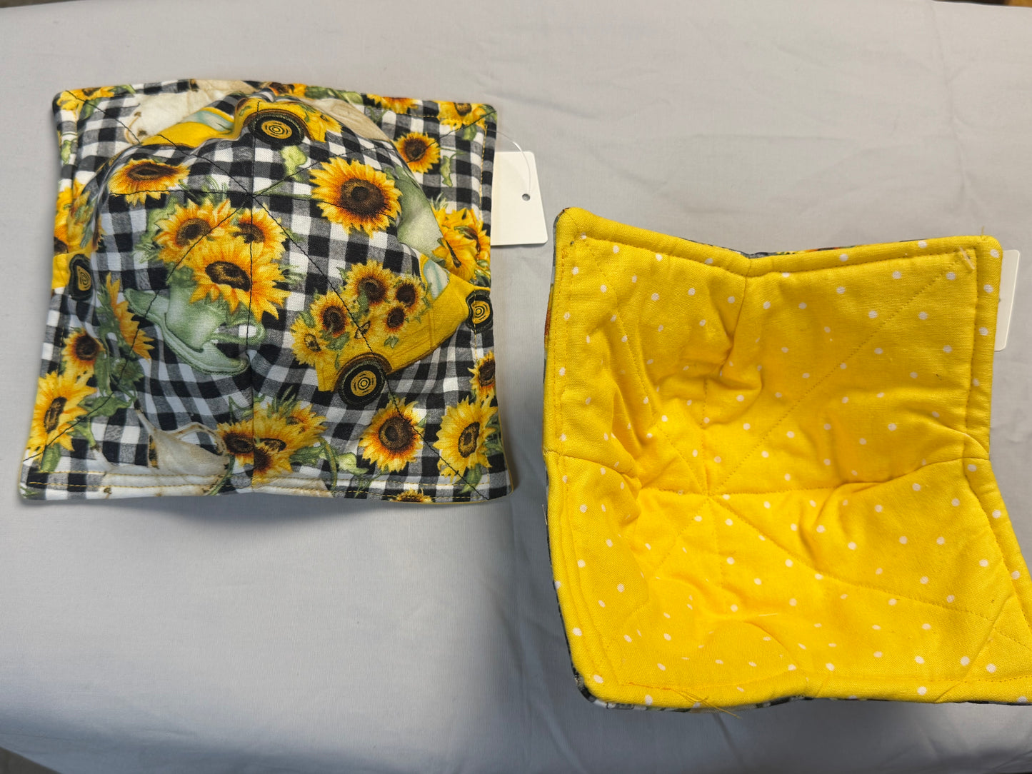 Cozy bowl-yellow truck and sunflowers/white polka dots on yellow