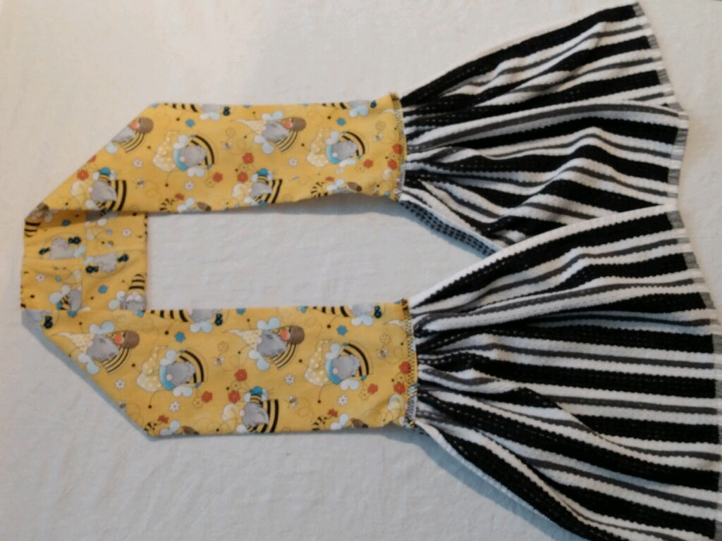 Kitchen Towel Scarf - Yellow gnome bees scarf with black and white striped towel