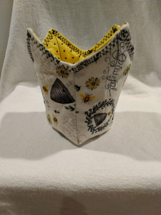 Microwavable Pint Cozy - White Bee Grateful with Yellow and Black Polka Dot Contrast