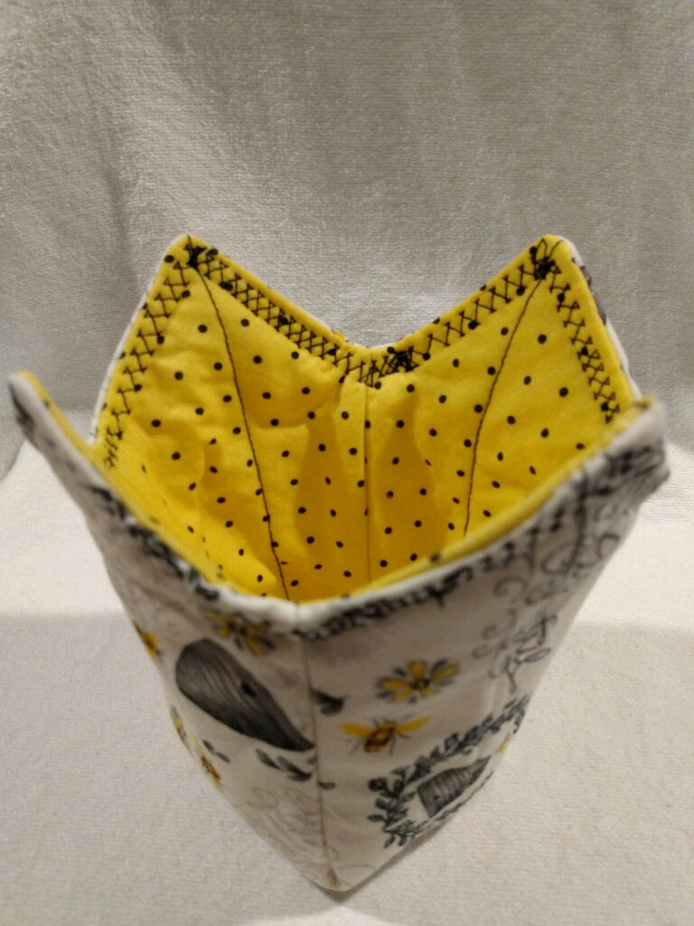 Microwavable Pint Cozy - White Bee Grateful with Yellow and Black Polka Dot Contrast