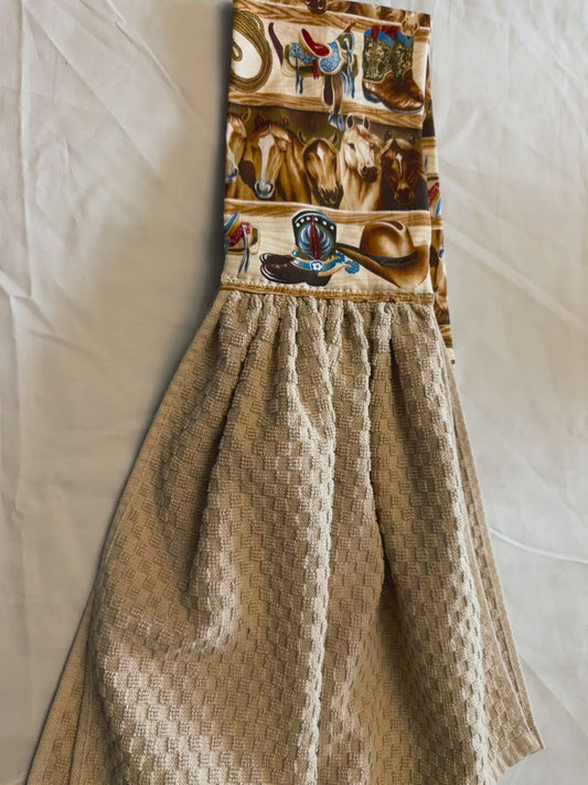 Kitchen towel scarf-Horses with cowboy gear/tan