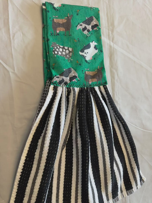Kitchen towel scarf-Newspaper cow/black and white stripe