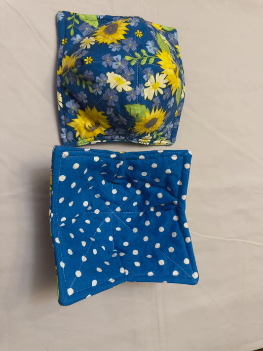 Cozy bowl-Sunflowers and daisies/white and blue polka dot