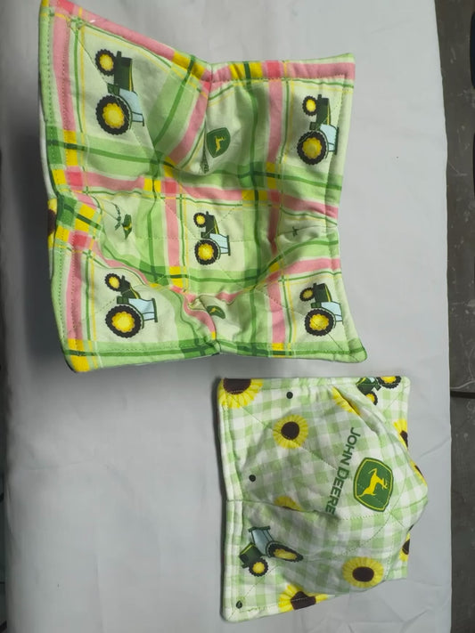 Microwavable cozy bowl- John Deere plaid/green plaid and sunflowers
